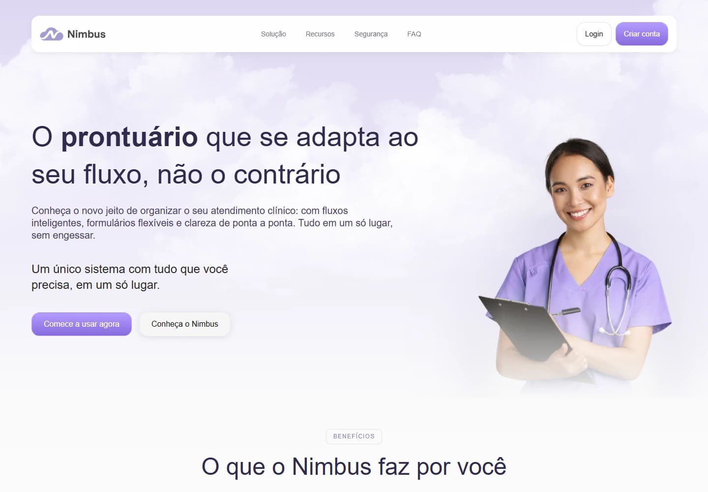 Abertura do site público Nimbus, com o layout inteiro visível